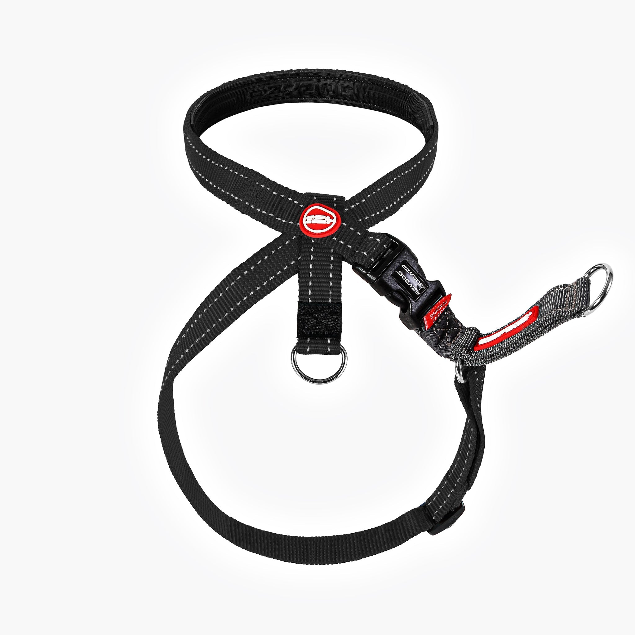 Black EzyDog CrossCheck harness, showcasing the adjustable straps and ergonomic design for better dog control.