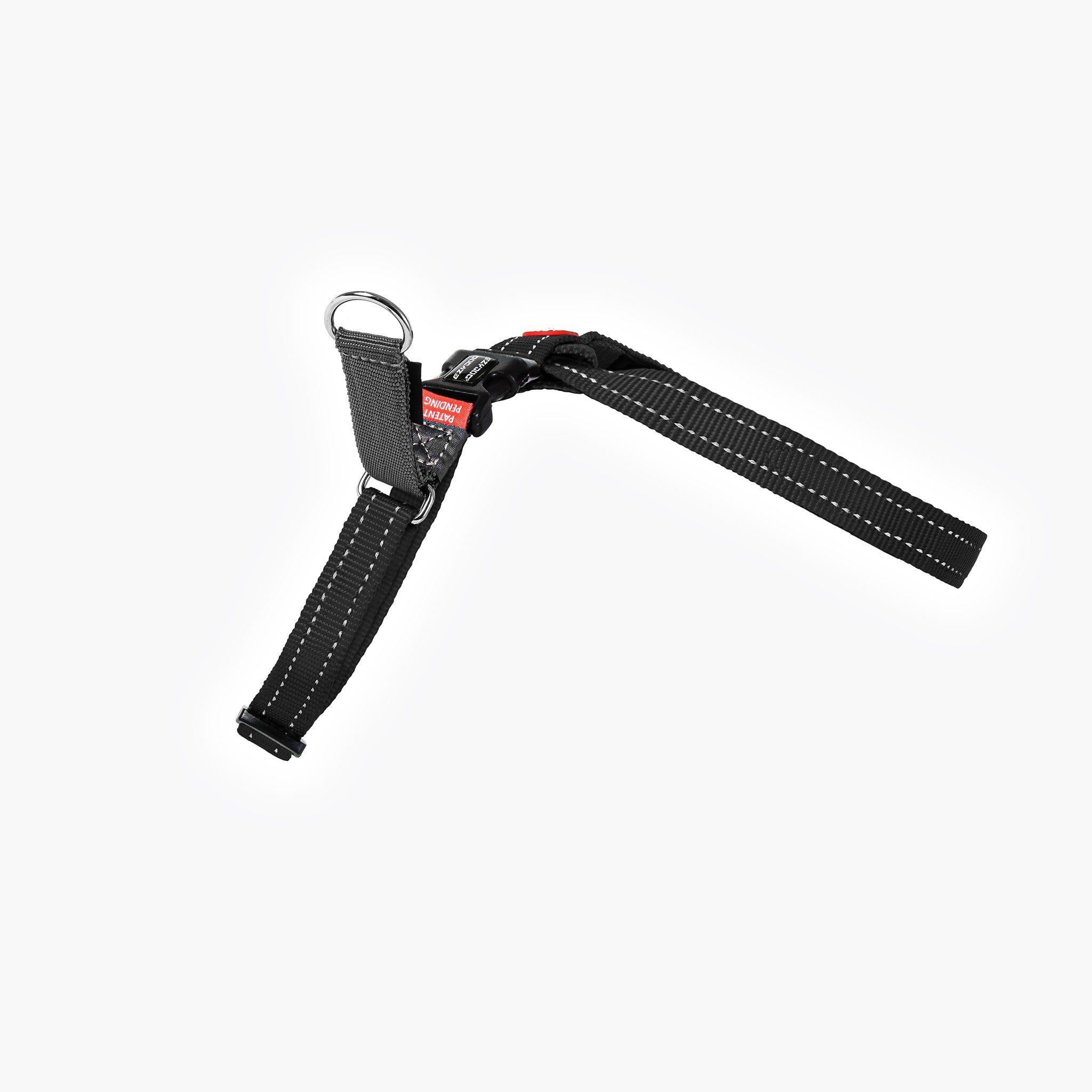 EzyDog CrossCheck harness attachment with a metal ring and adjustable strap for secure leash connection.
