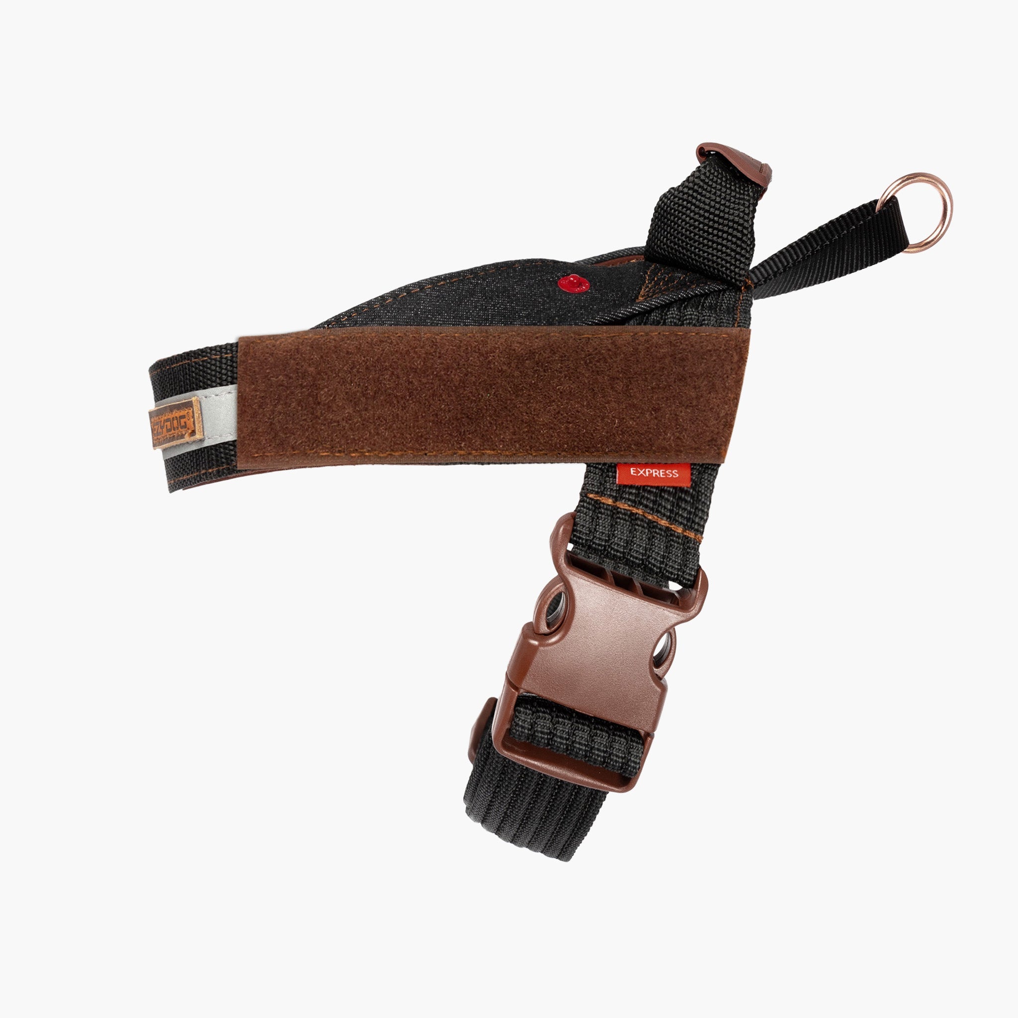 black dog harness with adjustable straps and EzyDog logo.