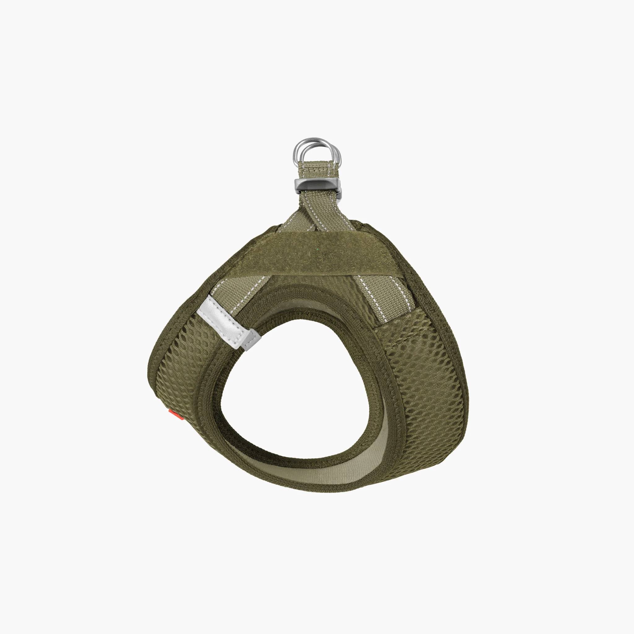Front view of a green EzyDog harness with adjustable straps and a metal ring for leash attachment.