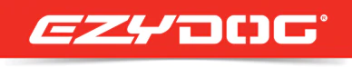 EzyDog logo with white text on red background.