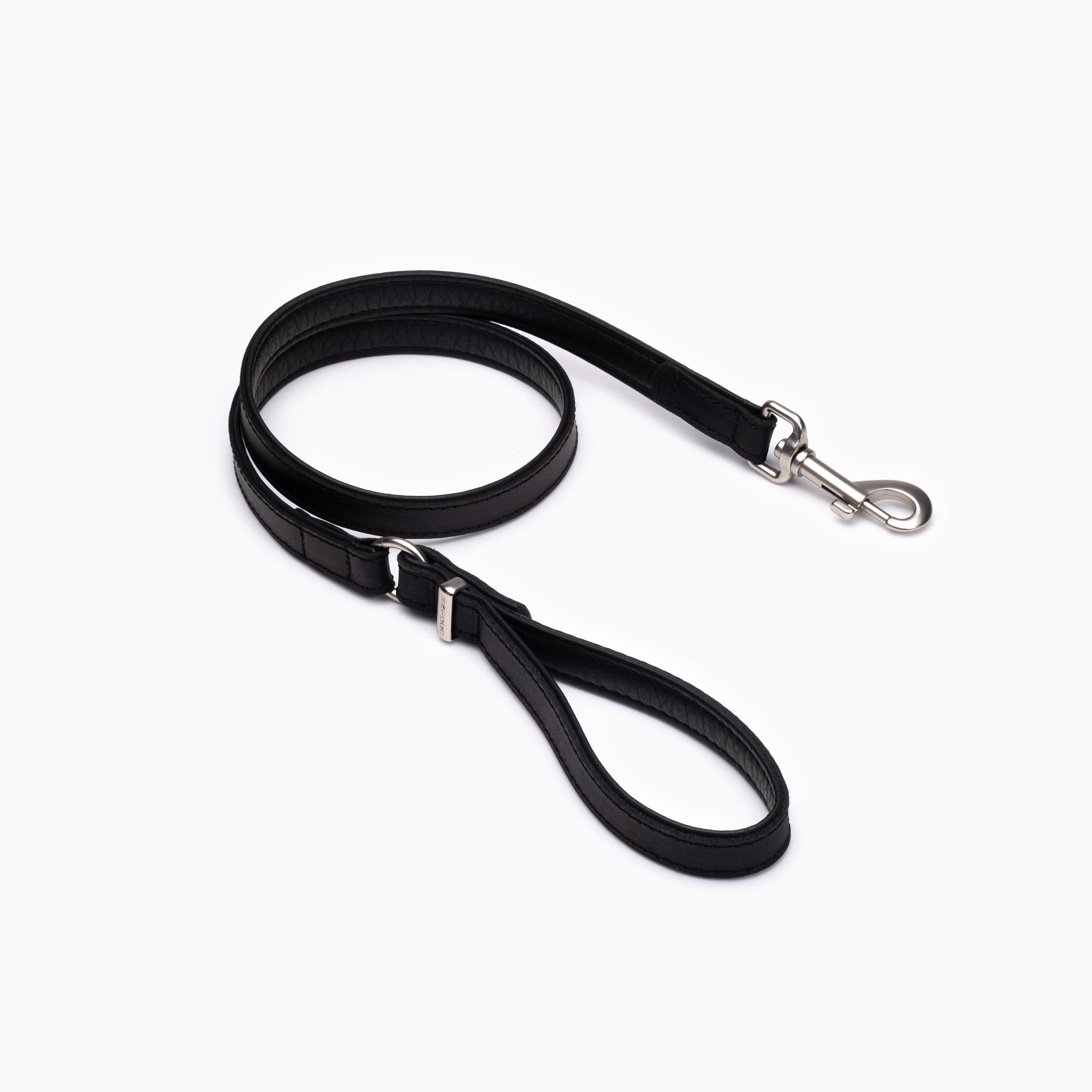 Black leather dog leash with silver clip and handle.