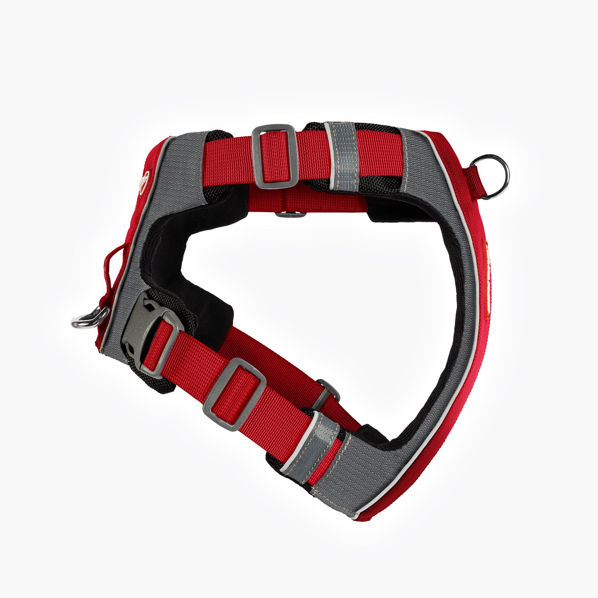 RHS view of red EzyDog X-Link Harness with padded chest plate and no-pull front clip