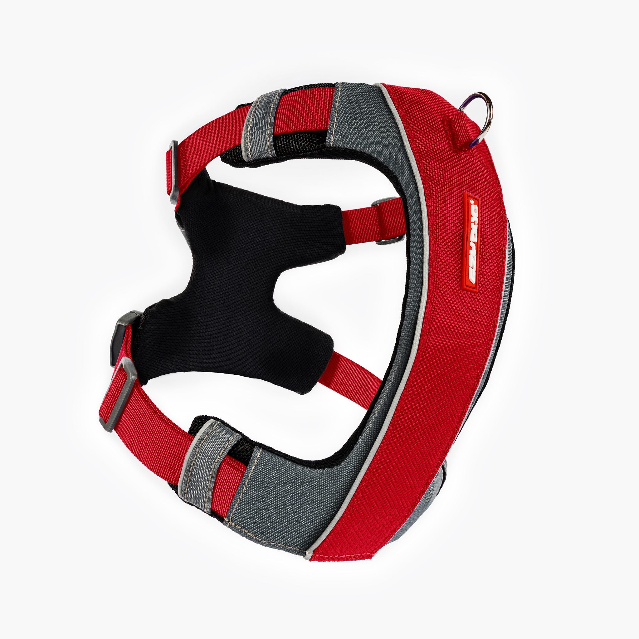 Front view of red EzyDog X-Link Harness with padded chest plate and no-pull front clip