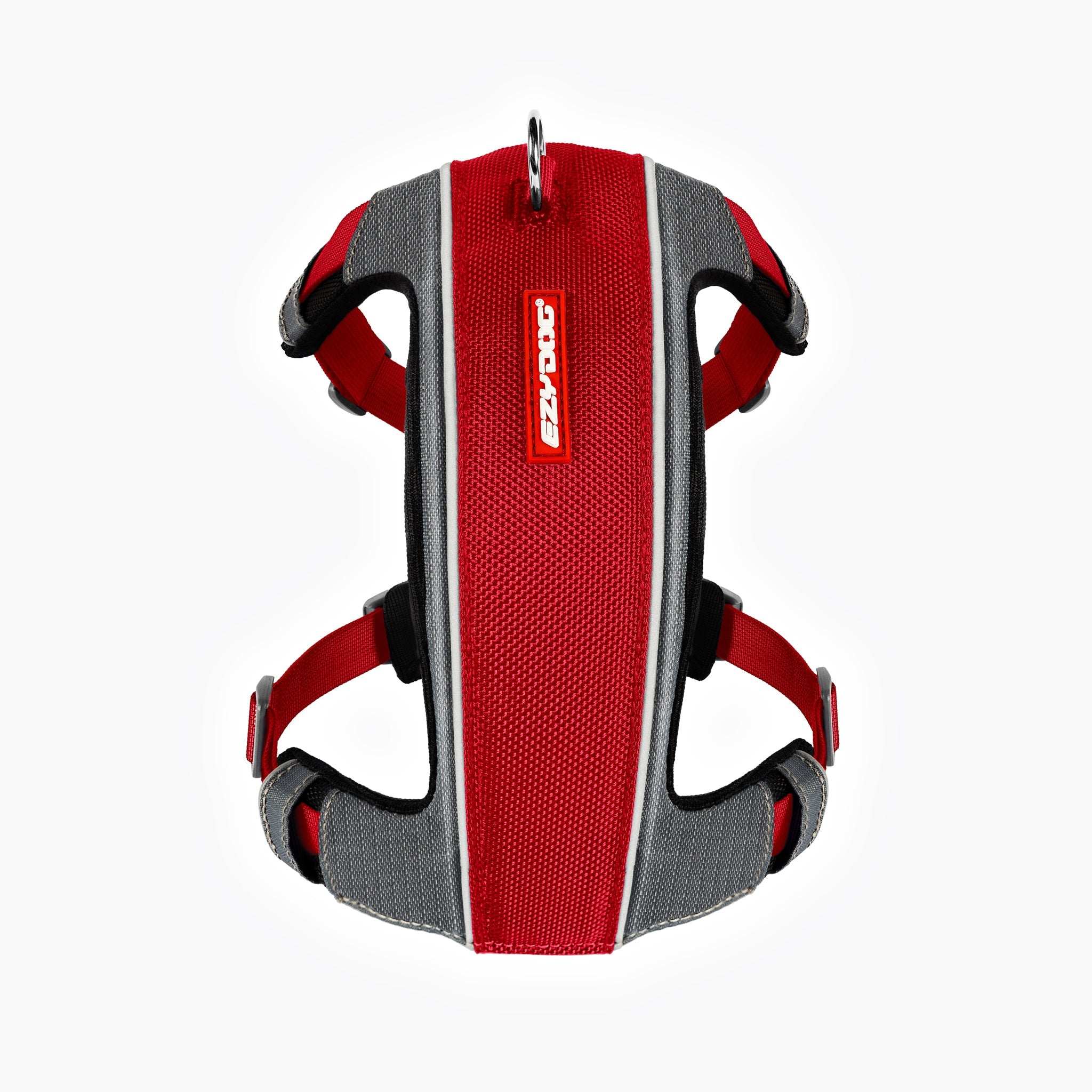 Front view of red EzyDog X-Link Harness with padded chest plate and no-pull front clip